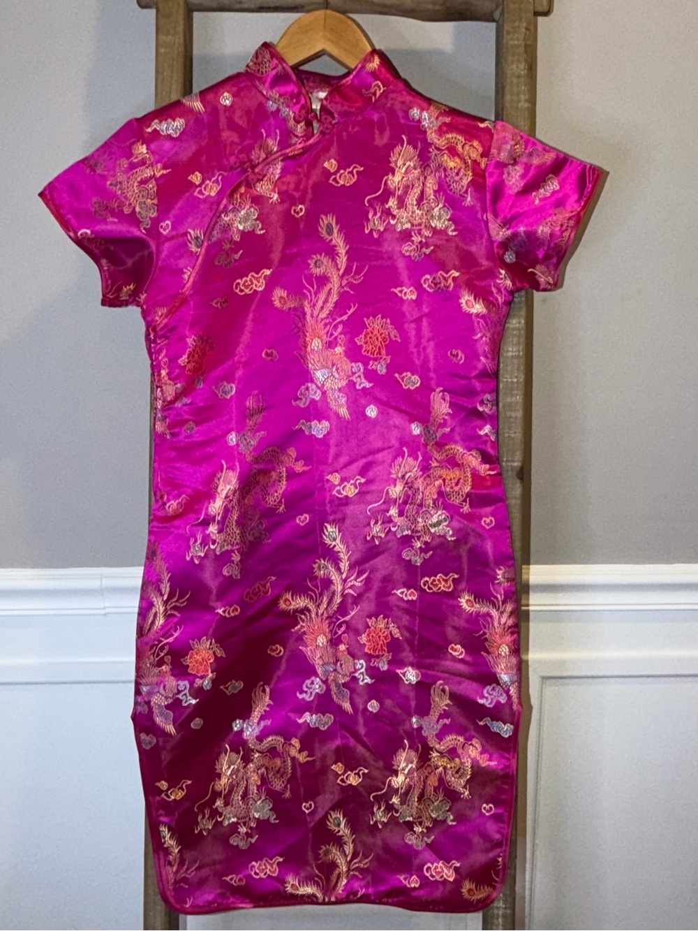 Silk-Feel Hot Pink Brocade Cheongsam  Dress